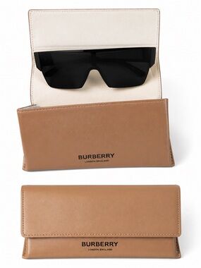 Burberry Tan and Cream Leather Eyewear Case and sunglasses with Black Logo